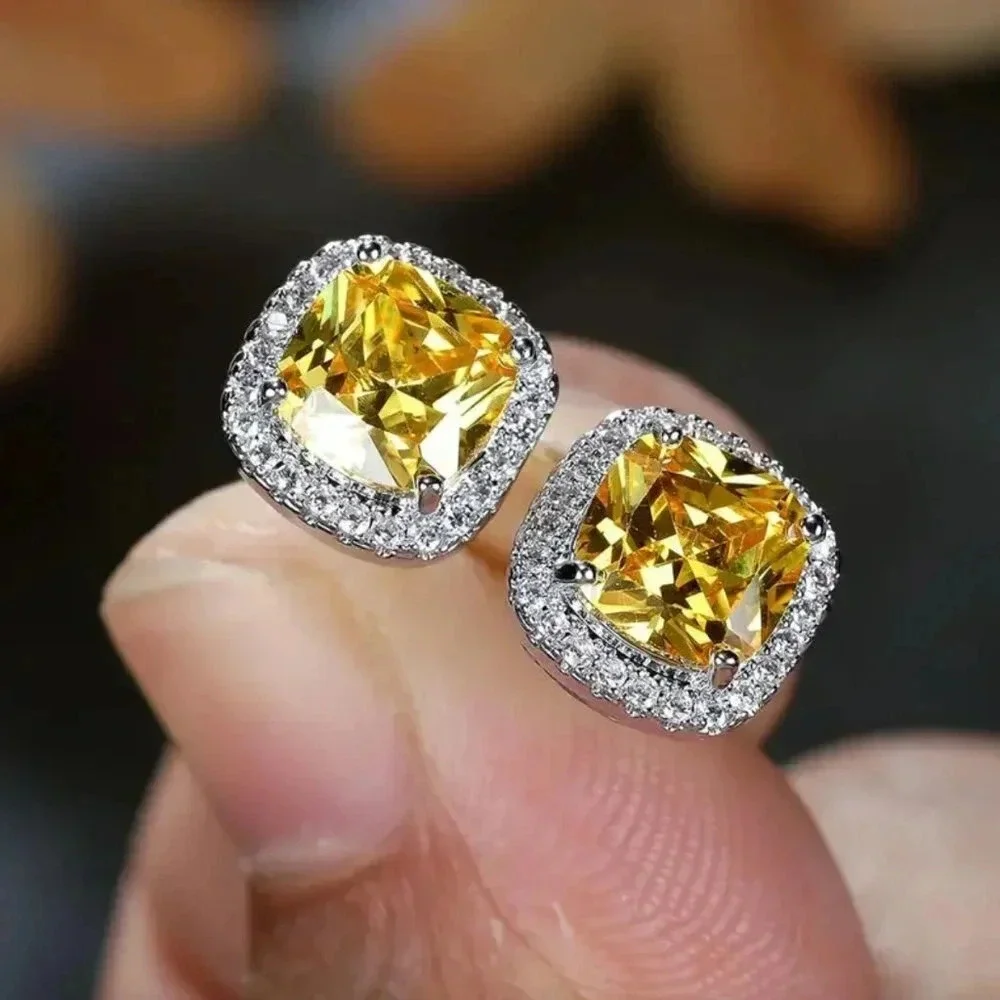 NEW 18k White Gold Citrine Diamond Halo Earrings - Picture 1 of 6